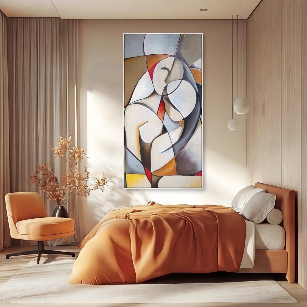 Tablou canvas cu tablou pictura cuplu imbratisat, in rama de aluminiu argintiu, pe perete intr-un dormitor